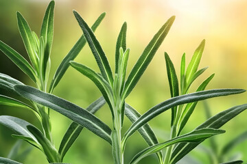 Obraz premium Fresh green rosemary sprigs, close-up, garden background, sunlight, culinary herb