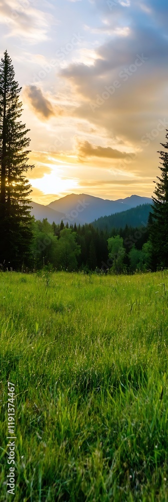 Poster sunset over green meadow in forest with mountains and clear sky : generative ai