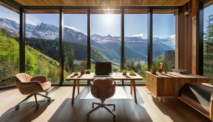 Fototapeta premium Generated image A picturesque mountain room serves as backdrop for an online webinar or Zoom meeting