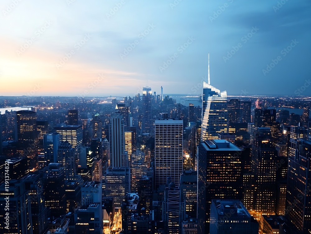 Aufkleber aerial view of city skyline at dusk with illuminated skyscrapers : generative ai