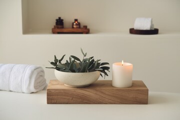 Serene Spa Setting With Candle And Greenery