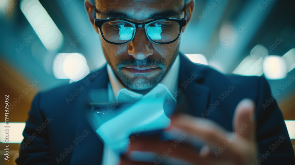 Poster business professional using a cellphone to browse the internet in an office setting. engaged in mana