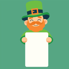 Leprechaun holding a blank sheet of paper. Vector illustration for St. Patrick's Day