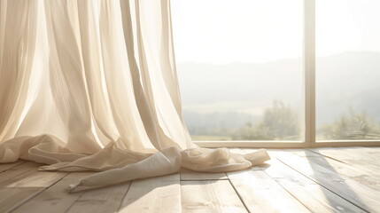 Translucent cream-colored linen curtains flow soft_001