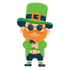 Leprechaun in round glasses with phone in hand. St. Patrick's Day illustration