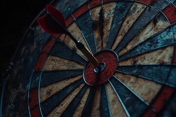 Dartboard, worn, dart, center, bullseye, close-up.