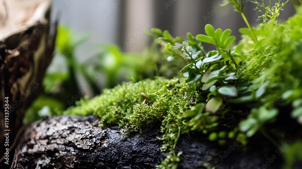 Poster closeup of fresh green moss growing on fallen tree log in forest : generative ai