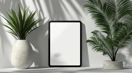 Blank tablet mockup, plants, sunlight, white wall, ad