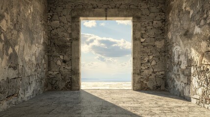 Captivating view of an empty stone walled room illuminated by light and shadow through a window