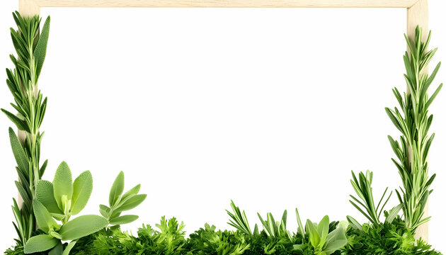 Fresh herbs frame, white background, culinary design, recipe template, food blog