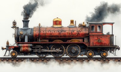 Naklejka premium Antique steam train, red, gold accents, billowing smoke.