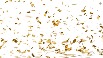 Isolated falling gold foil confetti isolated on transparent background.