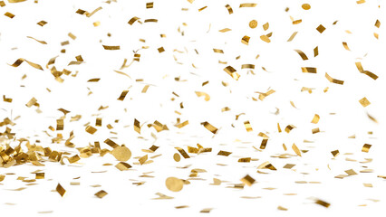 Isolated falling gold foil confetti isolated on transparent background.