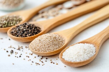 Assorted Cooking Spices and Grain in Wooden Spoons for Gourmet and Culinary Inspiration : Generative AI