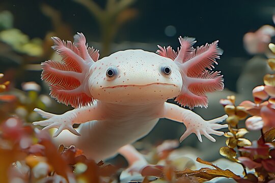 Pink axolotl swimming underwater near algae