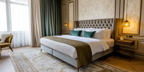 Luxurious bedroom with a king-sized upholstered bed in a soft gray velvet frame. 