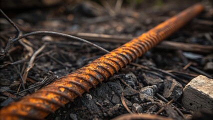Fototapeta premium A closeup depicting rebar partially submerged in debris its surface furrowed with bright rust hues telling a tale of abandonment and the slow but sure reclaiming of materials by