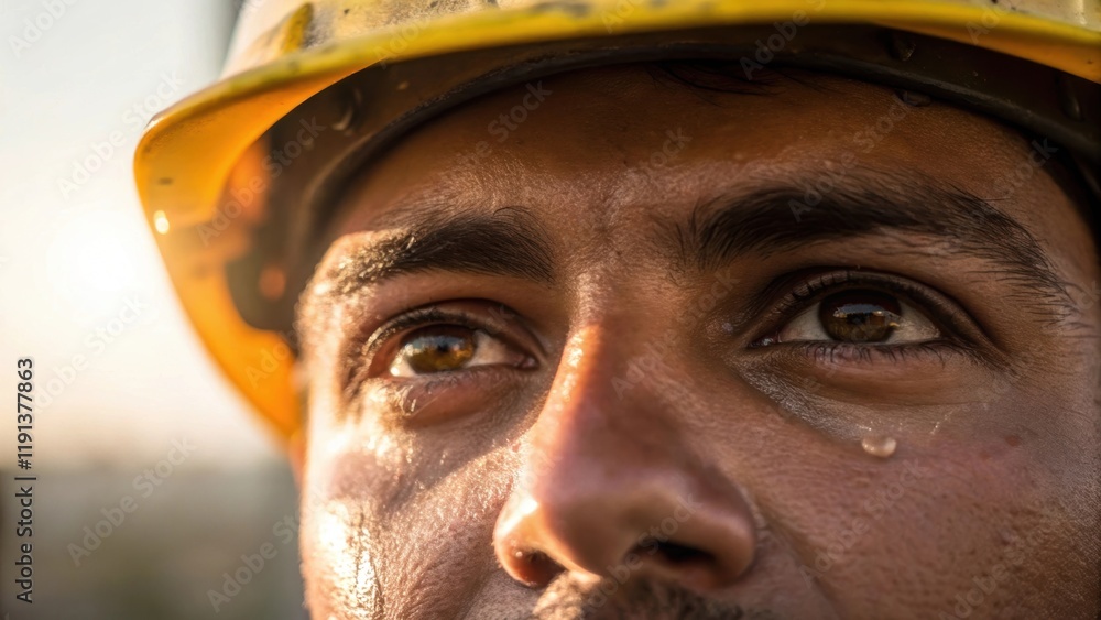 Poster a closeup focuses on the workers eyes reflecting determination and focus as sunlight catches their f