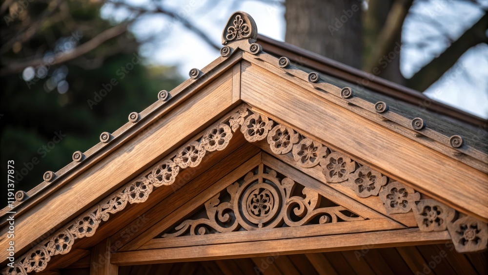 Aufkleber a closeup focus on the decorative eaves of a gable roof adorned with intricate woodwork. the grain o