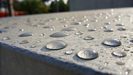 A closeup detail showcasing water droplets perched on the smooth surface of cured concrete illustrating its resistance to moisture while capturing the surfaces reflective