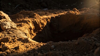 A closeup focuses on a sundrenched clump of dirt its edges bright and reflective juxtaposed against a foreboding shadow that obscures portions of untamed nature hiding within the