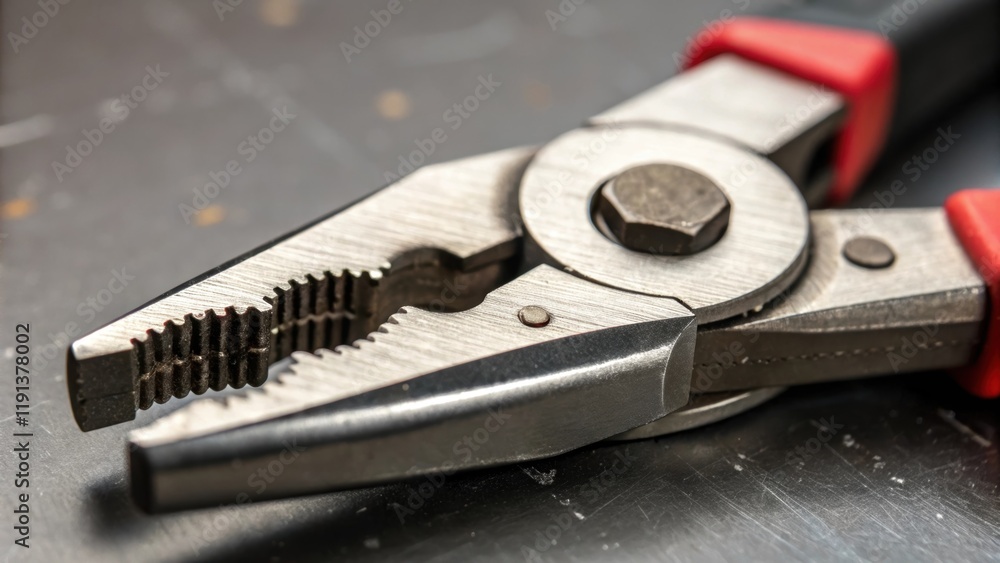 Aufkleber A closeup image of a pair of pliers focusing on the hinge mechanism displaying the fine tolerances in the pivot point and the sharp teeth designed for gripping with minute