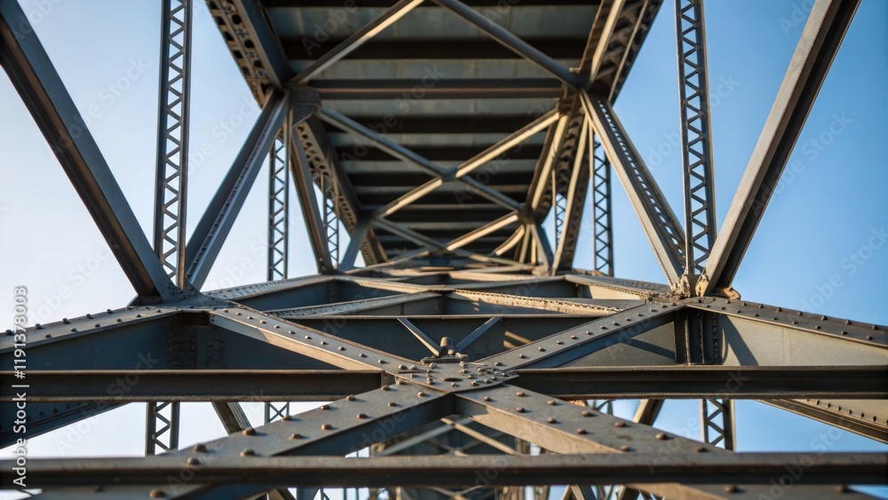 Aufkleber A closeup image of an overhead steel truss element focusing on the triangular configuration capturing the interplay of light and shadow across its various lengths and joints.
