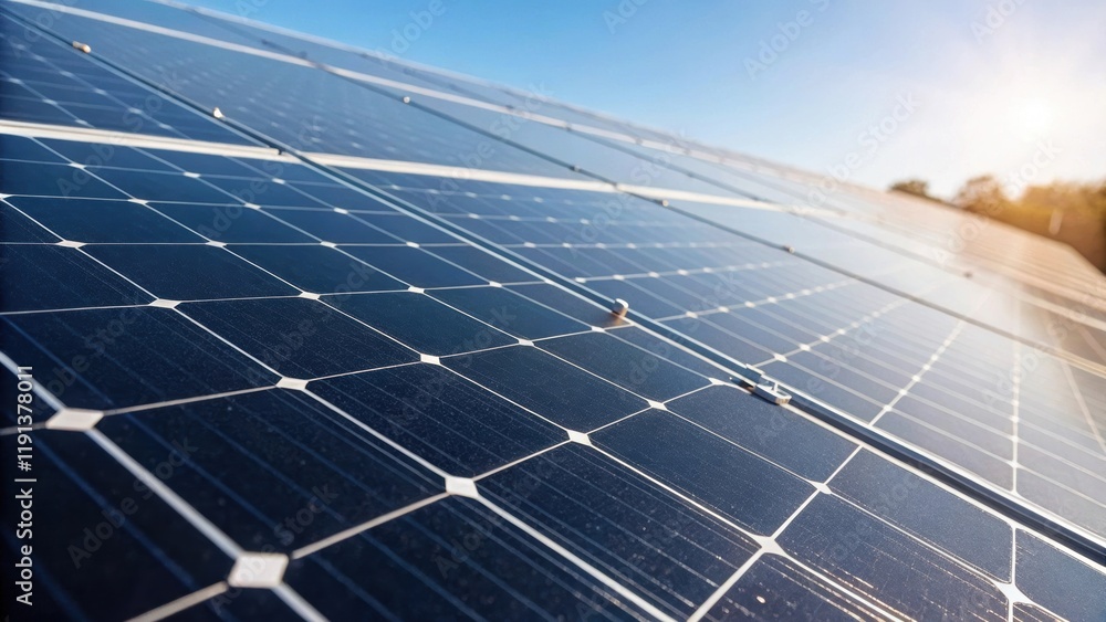 Poster a closeup image of a solar panels photovoltaic cells capturing the reflective surface and the delica