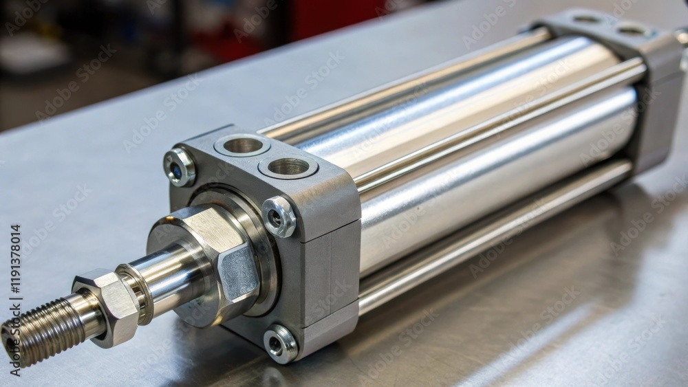 Poster a closeup image of a pneumatic cylinder with polished chrome surfaces detailed seals and fittings de