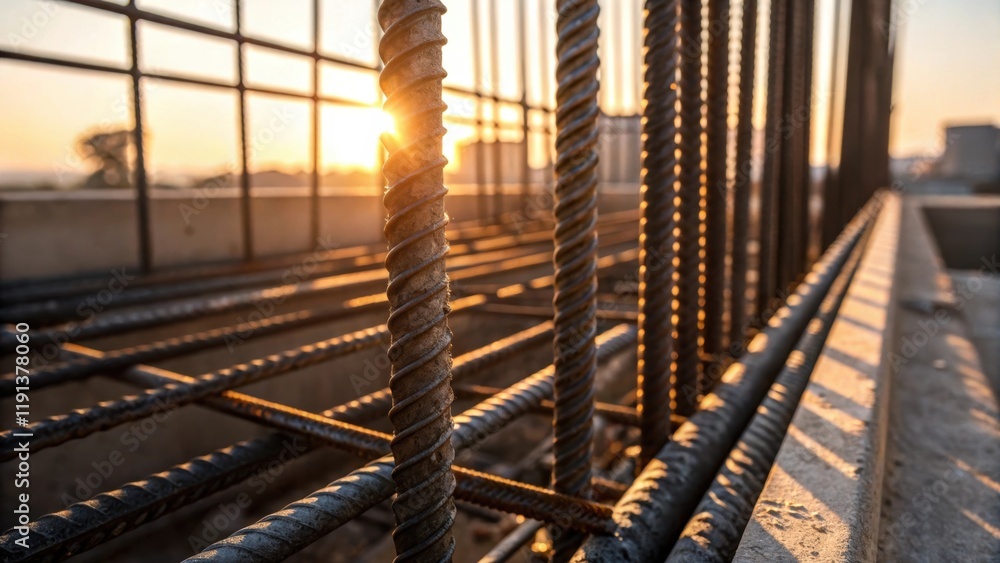 Poster A closeup image of steel rebar against a backdrop of warm sunlight where the shadows are sharp and precise emphasizing the industrial nature of the environment.