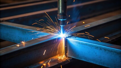A closeup image of a steel beam being welded capturing the intense blue arc of the welding torch. Sparks fly dramatically illuminating the surrounding metal surfaces with a fiery