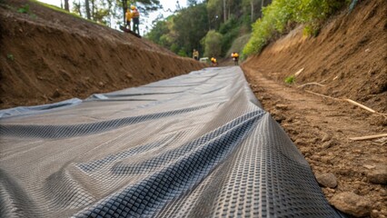 A closeup image of a soil erosion control fabric being laid down at the base of a hill indicating measures to prevent soil degradation and protect nearby natural habitats.