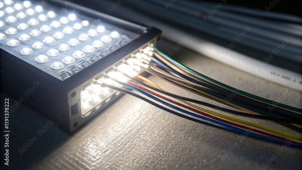 Poster a closeup of a bright led light illuminating a section of exposed wiring casting dramatic shadows ov