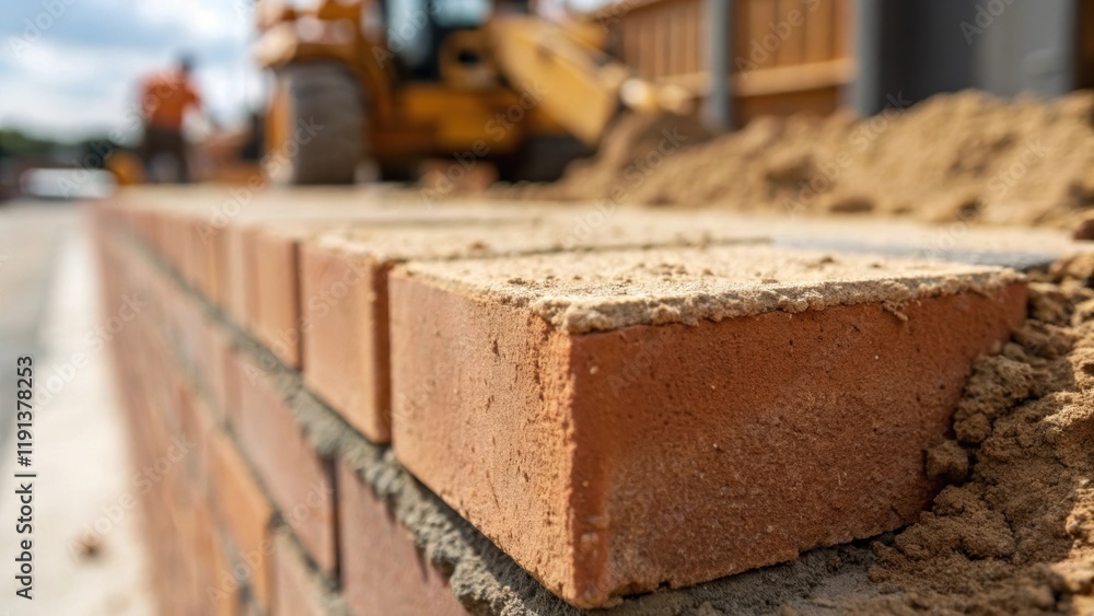 Poster A closeup of a bricks edge as its being positioned showcasing the rough chipped texture and grains of sand from the mortar with a glimpse of the ongoing construction in soft focus.