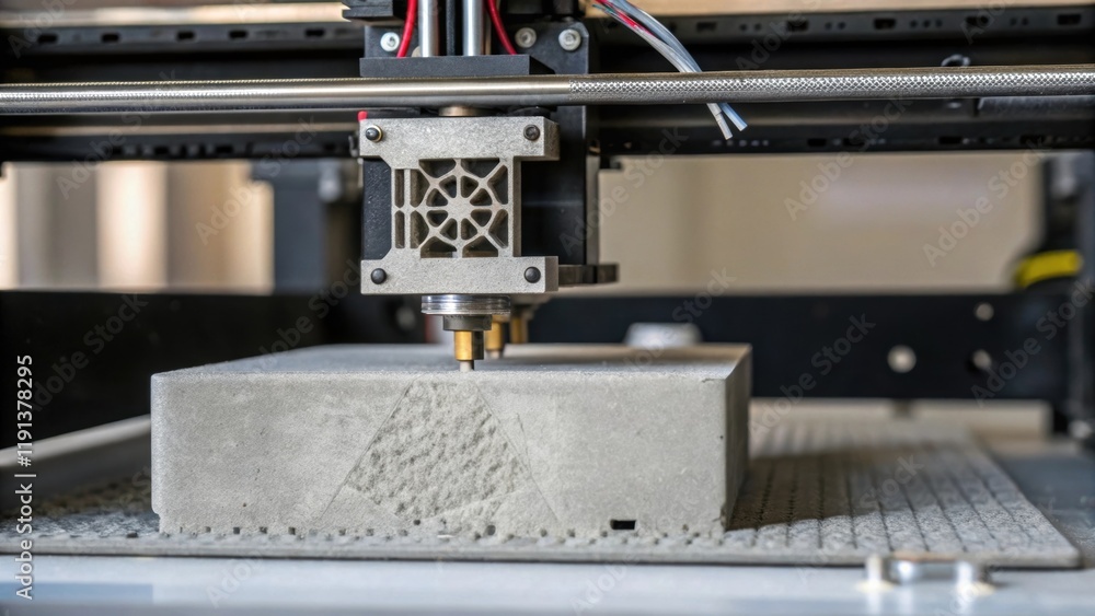 Poster A closeup of a 21stcentury 3D printer extruding a layer of concrete showing the fine details of the nozzle and the smooth surface of the emerging structure representing tingedge