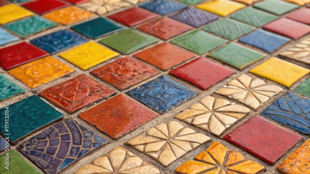 Poster A closeup of a colorful mosaic tile revealing the individual pieces that form a larger pattern with varying textures and finishes showcasing the artistry involved.