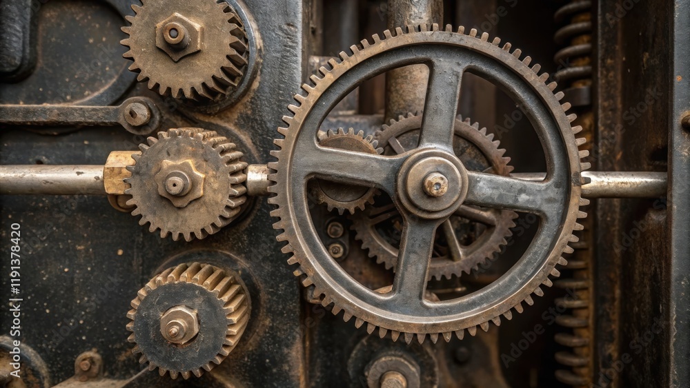 Aufkleber A closeup of a complex shutoff valve mechanism revealing intricate gears and levers as well as the wear and tear that indicate years of operation in a hidden space.