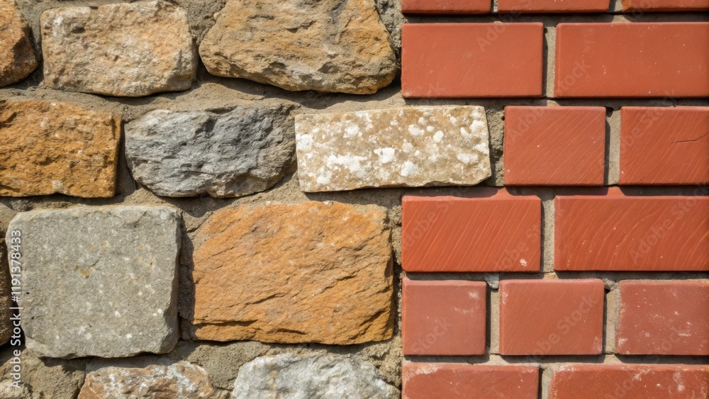 Poster a closeup of a combination of newly laid bricks and weathered stones illustrating the blend of tradi
