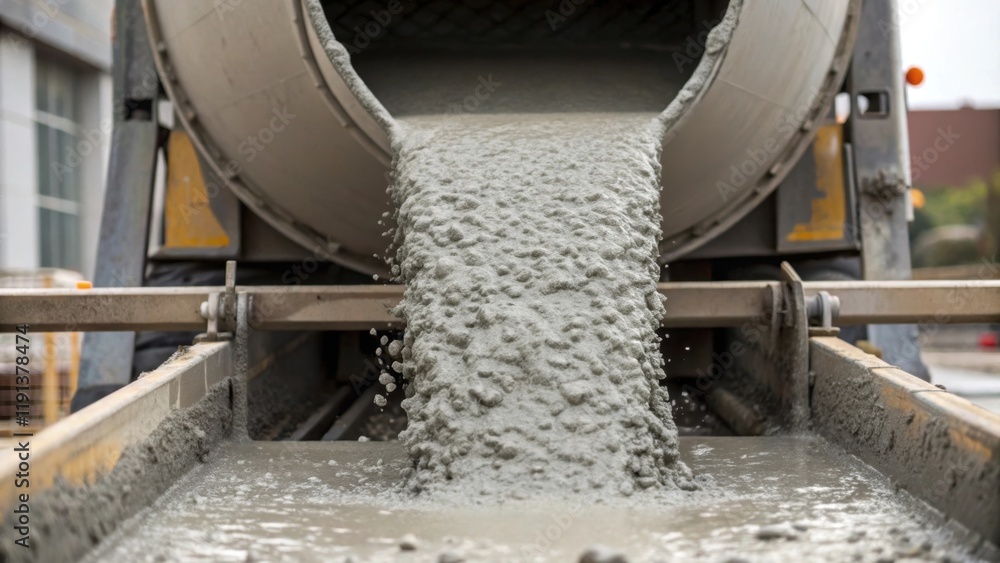 Poster a closeup of a concrete mixer pouring fresh concrete the mixture cascading down with splashes highli