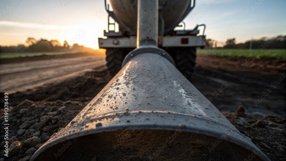 Poster a closeup of a concrete mixers spout catching the early dawn light with a backdrop of untouched grou
