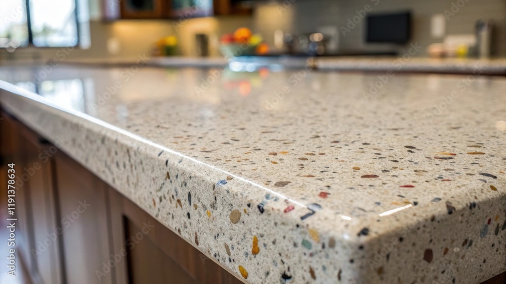 Poster a closeup of a countertop made of recycled quartz featuring a speckled surface that reflects light e