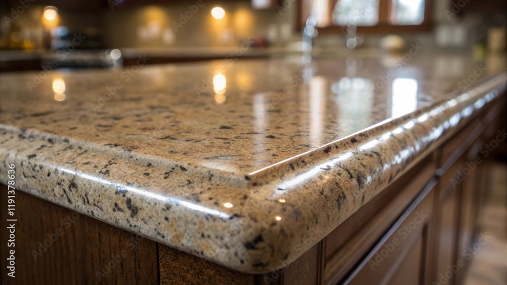 Poster A closeup of a countertops edge revealing the intricate patterns of a polished stone surface with a faint reflection of ambient light emphasizing the quality and elegance of