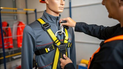 A closeup of a fall protection system being demonstrated in training with a safety instructors hands adjusting a harness on a mannequin highlighting the importance of proper fit