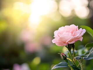 Obraz premium Delicate Pink Rose Bathed in Gentle Morning Light in Serene Garden : Generative AI