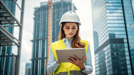 A closeup of a female engineer checking a digital tablet with the skeletal frame of the skyscraper emerging behind her representing innovation and modernity in construction within