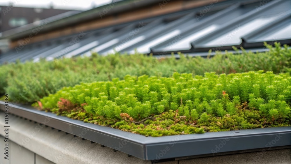 Poster a closeup of a green roof system featuring sedum plants thriving in a lightweight substrate emphasiz