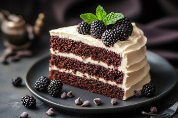 Delicious slice of chocolate cake with cream and blackberries
