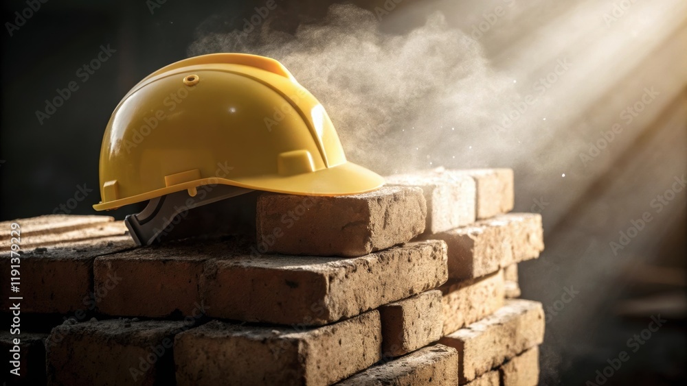 Poster A closeup of a hard hat resting on a stack of bricks dust particles suspended in the light embodying the foundation of safety and precaution in unpredictable settings.