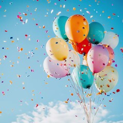 Farbenfrohe Ballons und Konfetti am Himmel