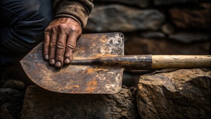 A closeup of a heavily worn shovel resting against a stone with a workers calloused hand resting on the handle the rugged texture of his palm showing the toll of the days labor